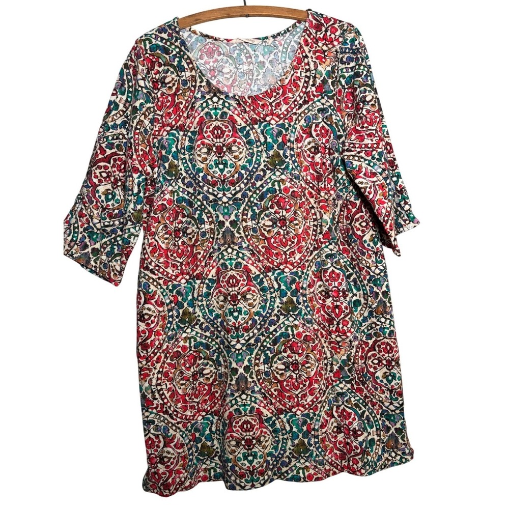 Soft Surroundings Cotton Medallion Tile Print Shift Dress Petite Large PL Summer